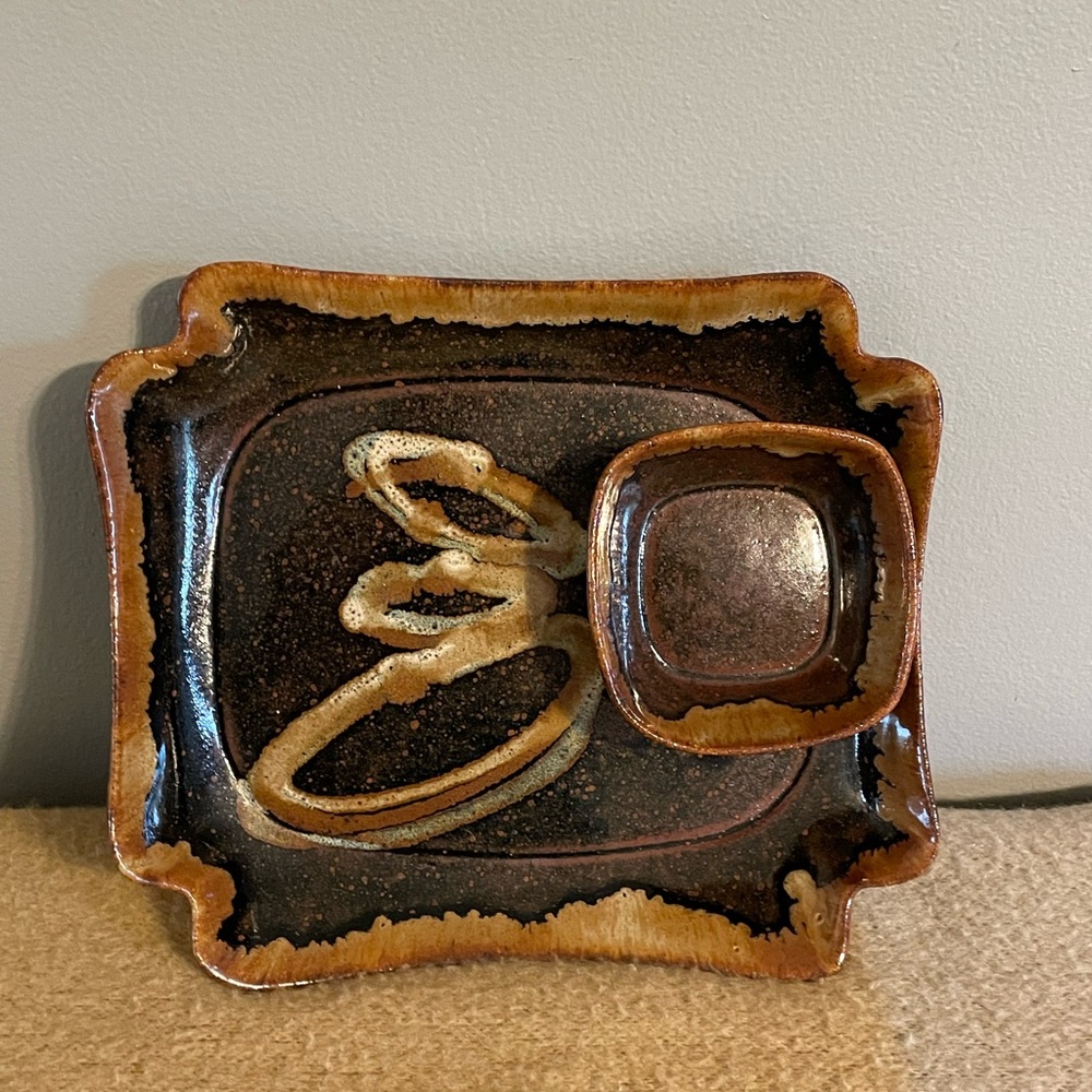 Signed Pottery Tray with Dip Bowl attached